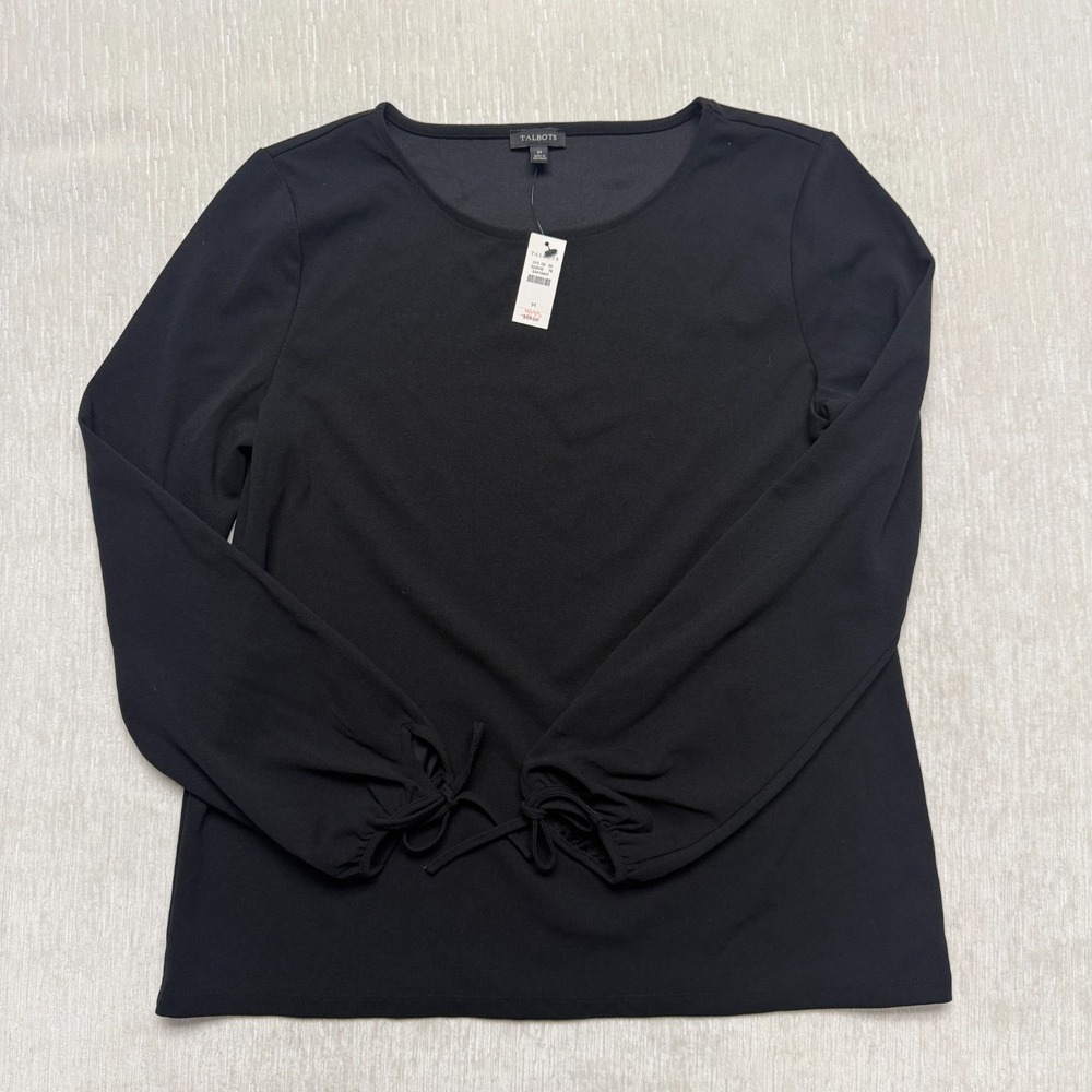 Talbots Black Tie-Cuff Womens Blouse Medium Long Sleeve Stretch Pullover Elegant